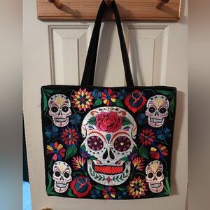 Handmade Dia De Los Muertos Tote, Mexican Sugar Skull Embroidered Tote Bag